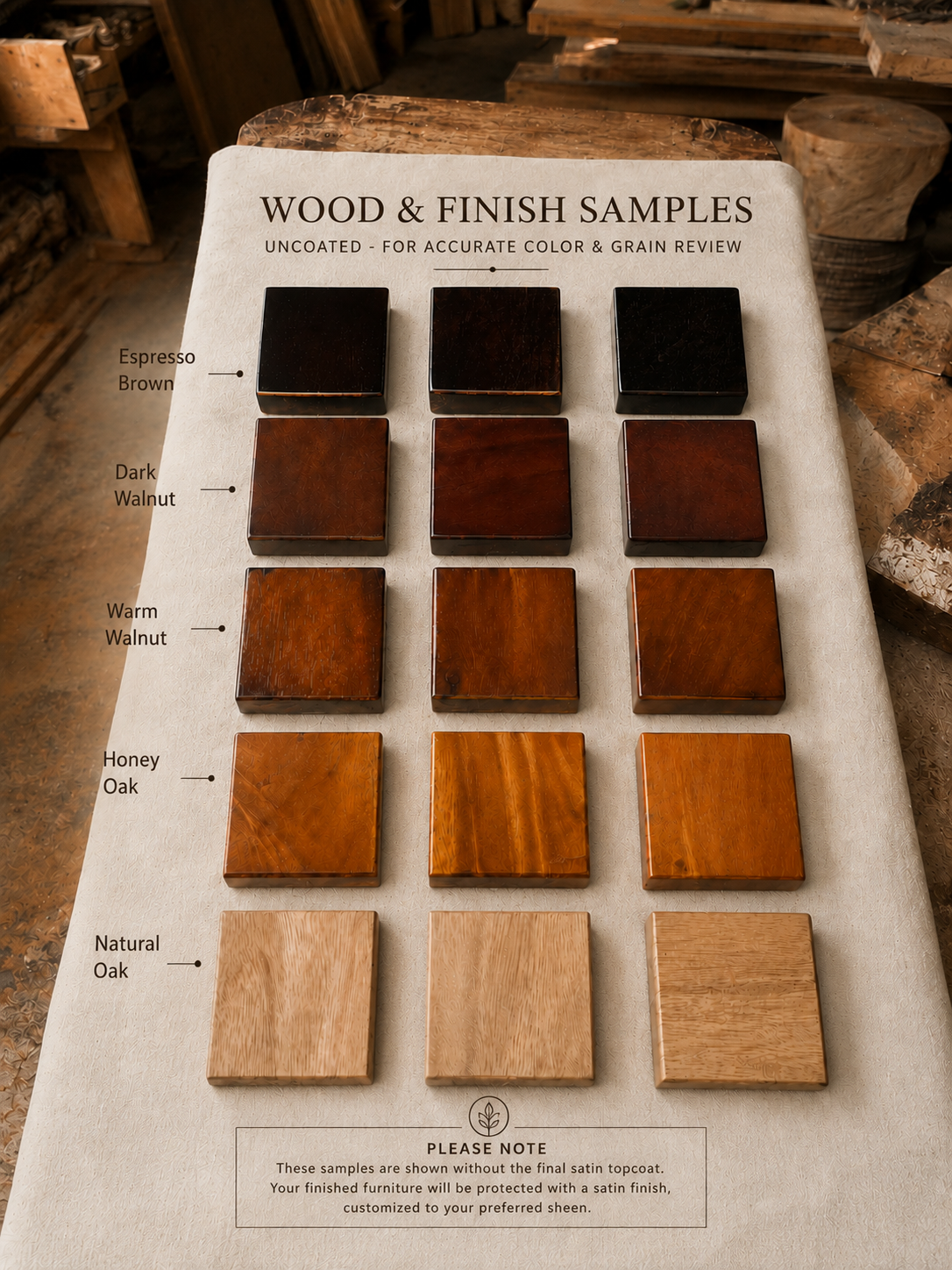 A white sample board labeled 'WOOD & FINISH SAMPLES' showing multiple wood finish swatches with handwritten color and grain reviews. The swatches include Espresso Brown, Dark Walnut, Warm Walnut, Honey Oak, and Natural Oak, arranged in rows on a workshop table with wood pieces in the background.