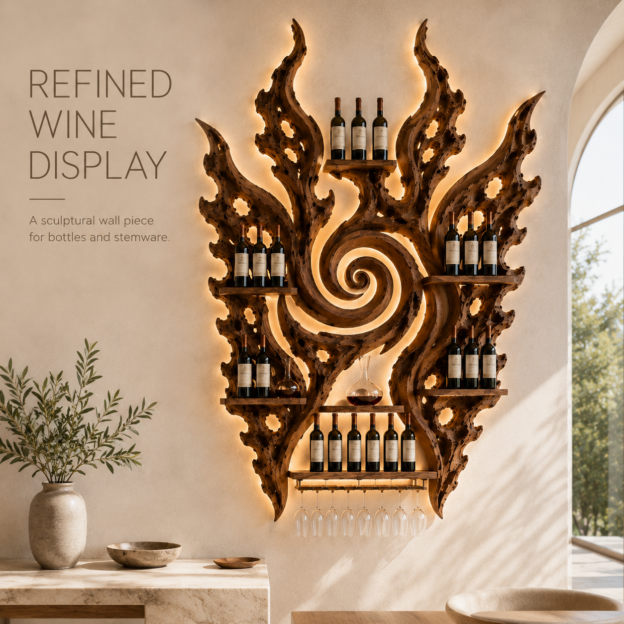 Solid Wood Wall Wine Rack with Glass Holder - Cellular Display