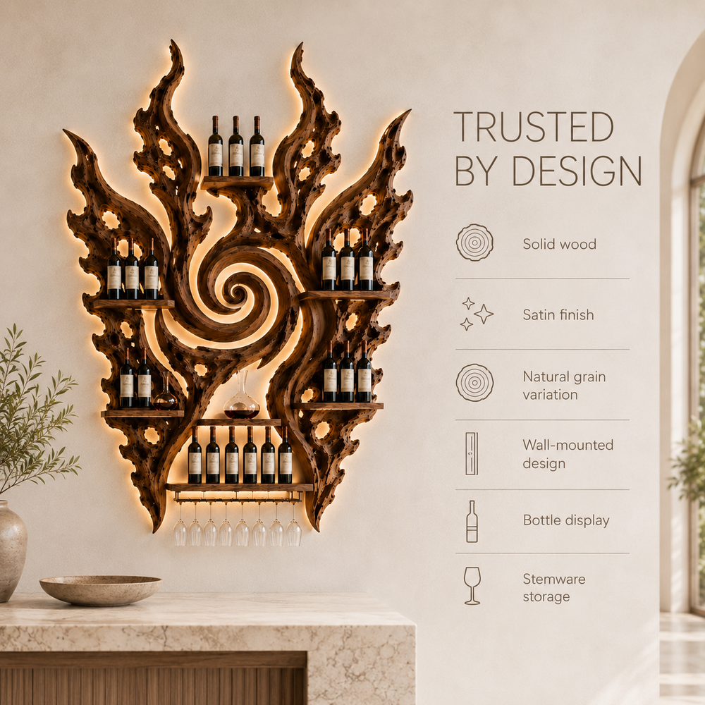 Solid Wood Wall Wine Rack with Glass Holder - Cellular Display