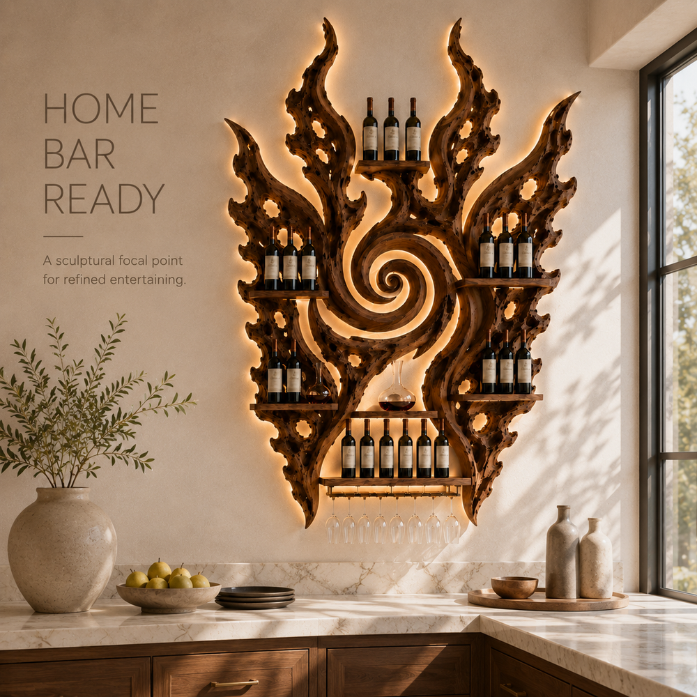 Solid Wood Wall Wine Rack with Glass Holder - Cellular Display