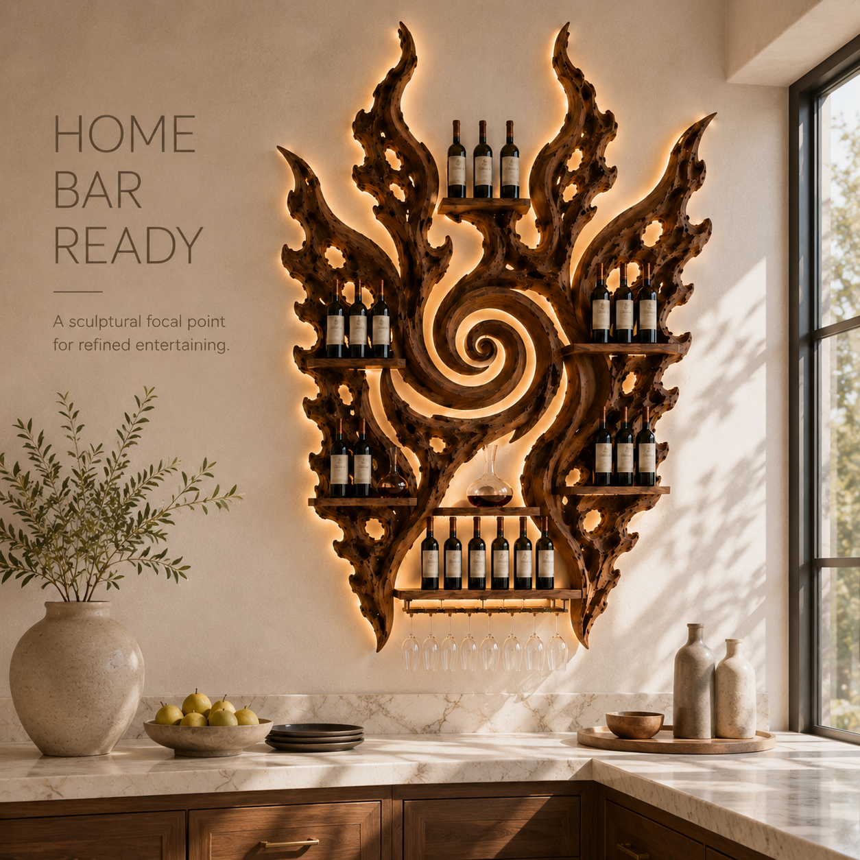 Solid Wood Wall Wine Rack with Glass Holder - Cellular Display