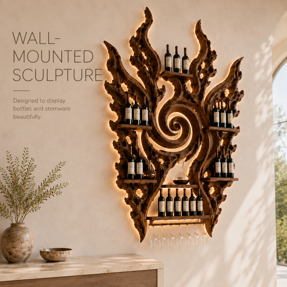 Solid Wood Wall Wine Rack with Glass Holder - Cellular Display
