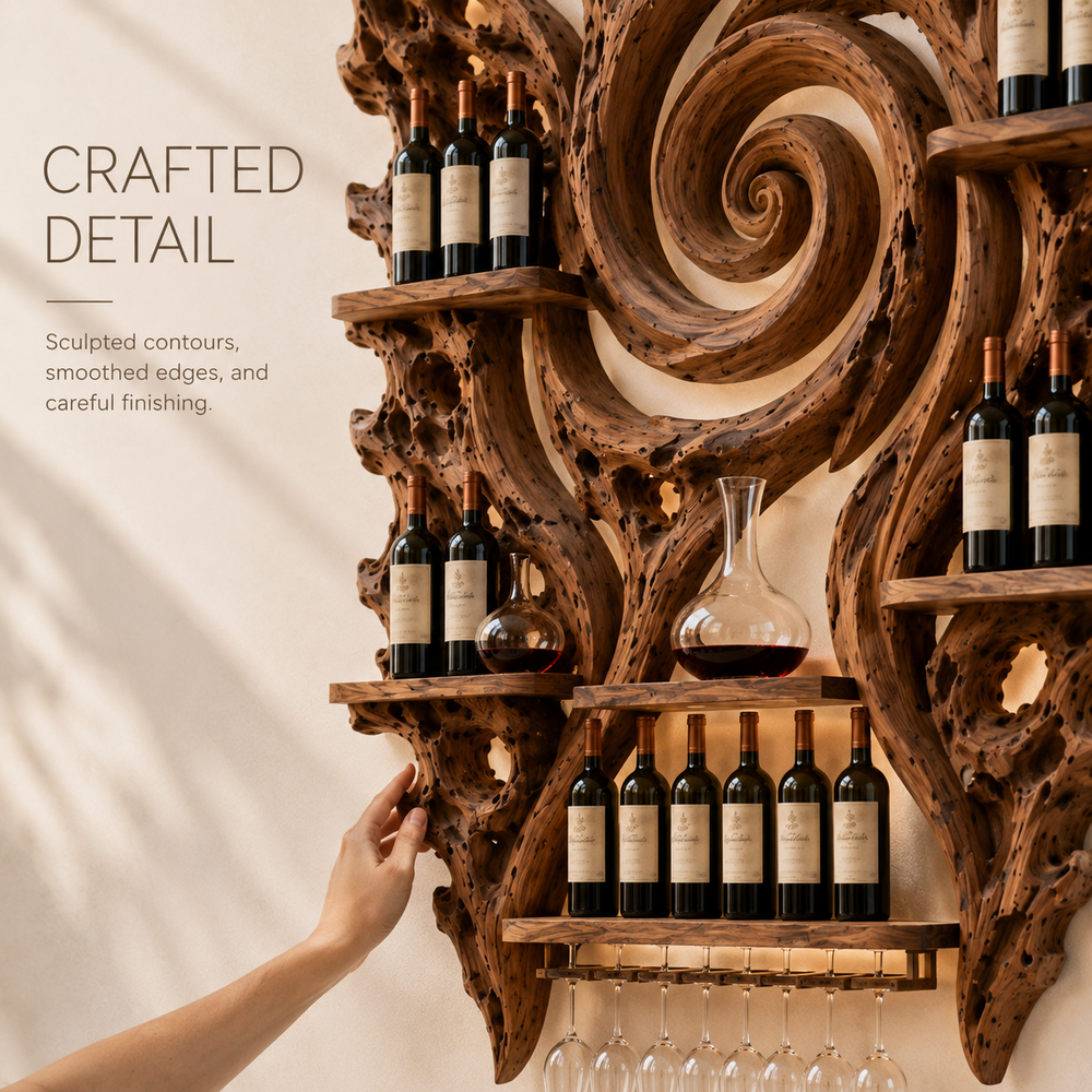 Solid Wood Wall Wine Rack with Glass Holder - Cellular Display