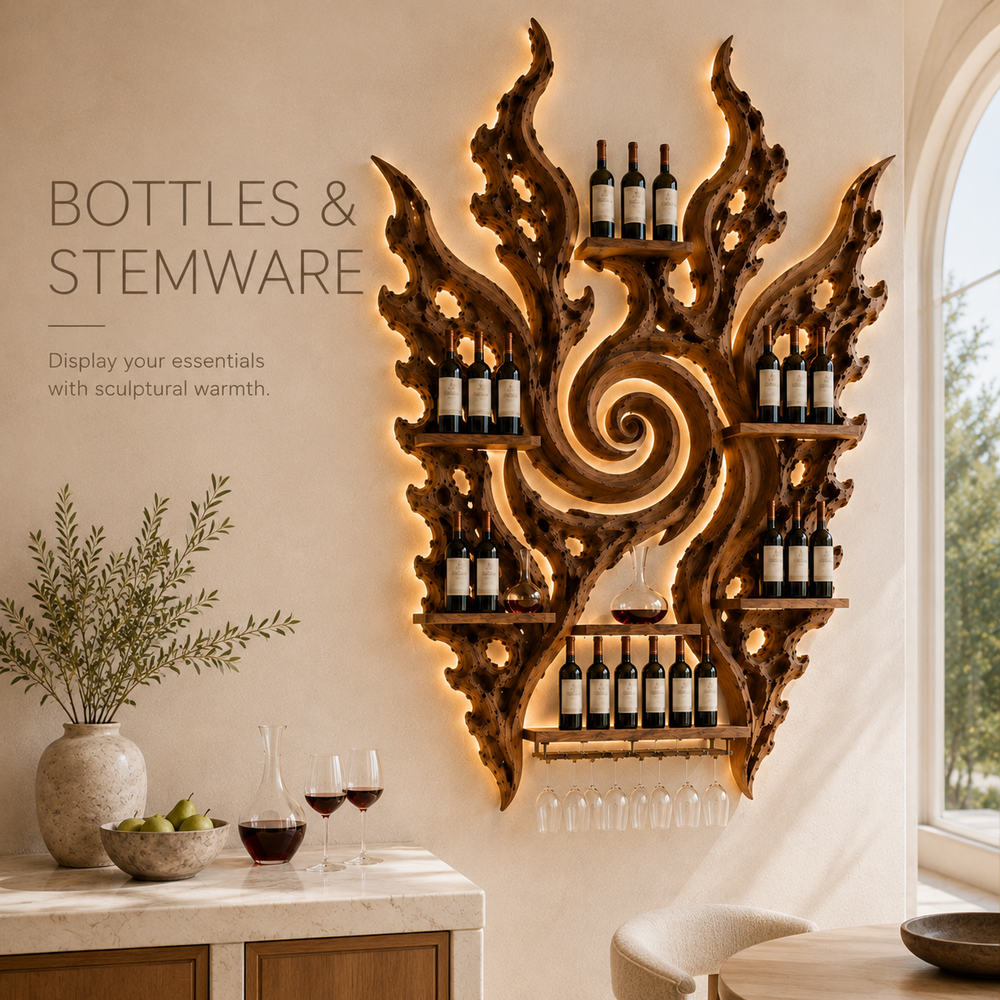 Solid Wood Wall Wine Rack with Glass Holder - Cellular Display