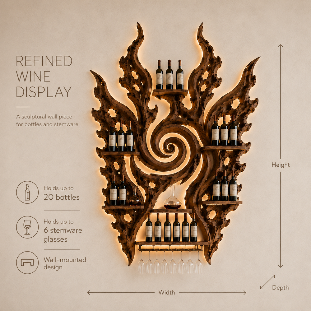 Solid Wood Wall Wine Rack with Glass Holder - Cellular Display