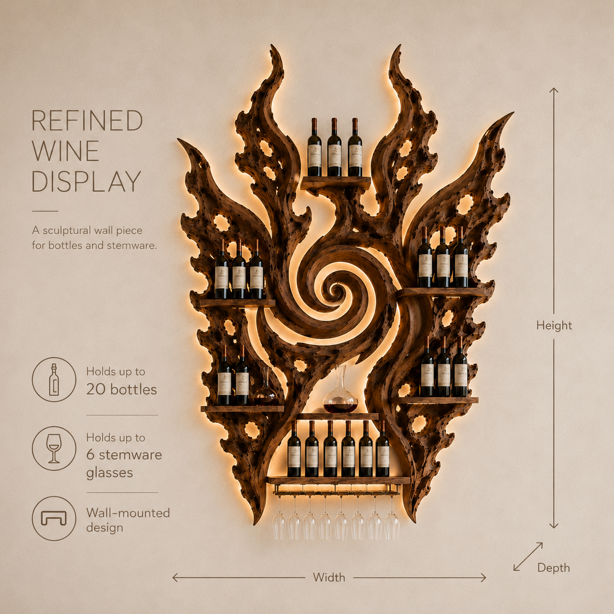 Solid Wood Wall Wine Rack with Glass Holder - Cellular Display