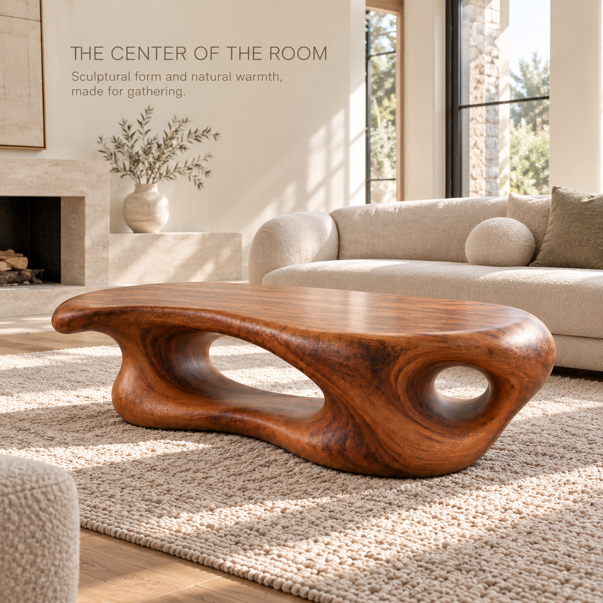 Aurelle Sculptural Solid Wood Coffee Table - Design 336 - main lifestyle view