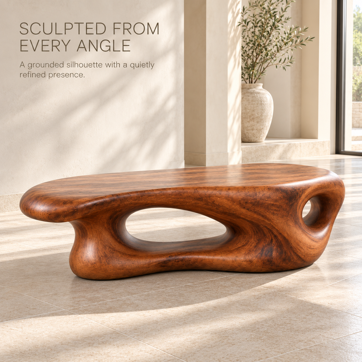 Aurelle Sculptural Solid Wood Coffee Table - Design 336 - product detail and styling view 2