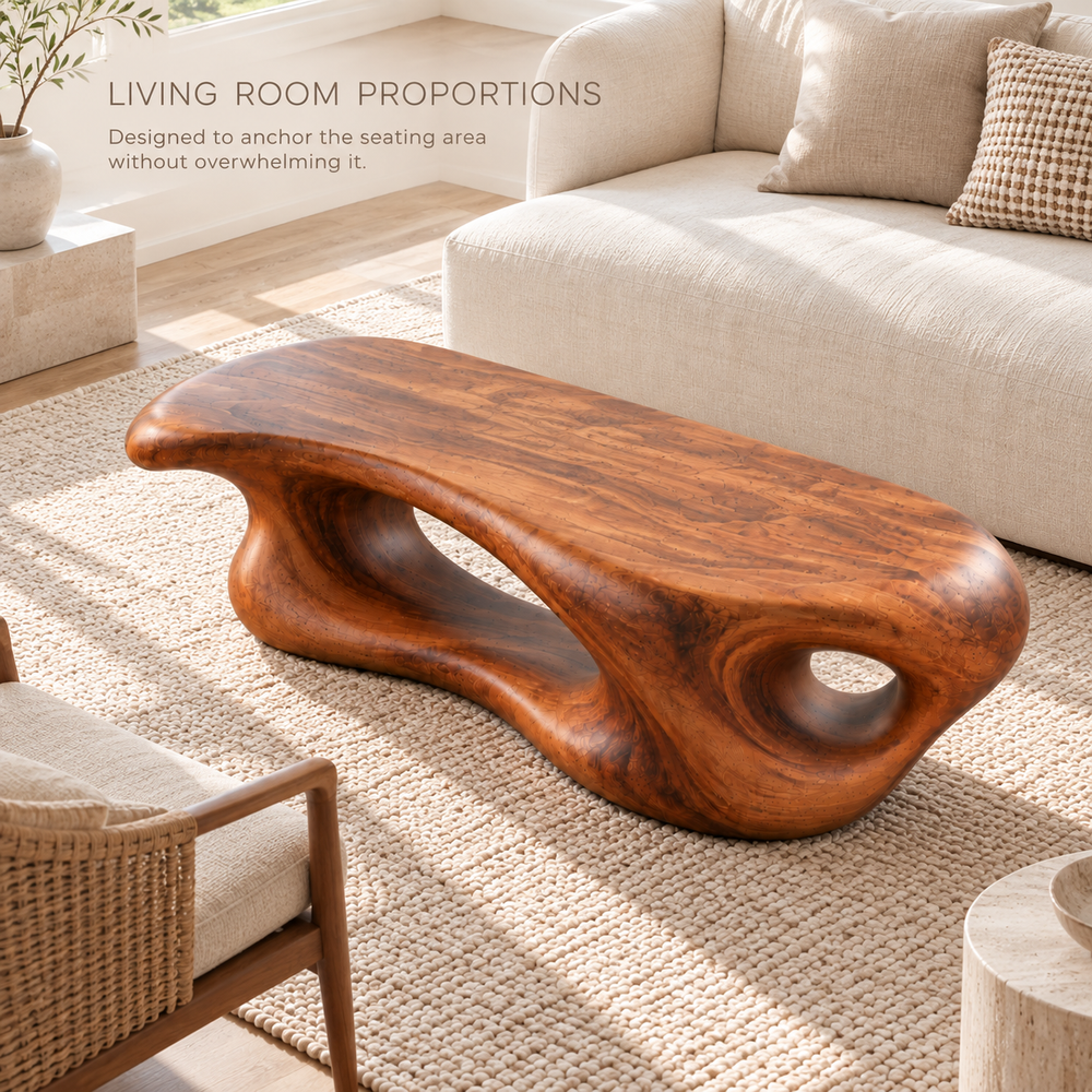 Aurelle Sculptural Solid Wood Coffee Table - Design 336 - product detail and styling view 3