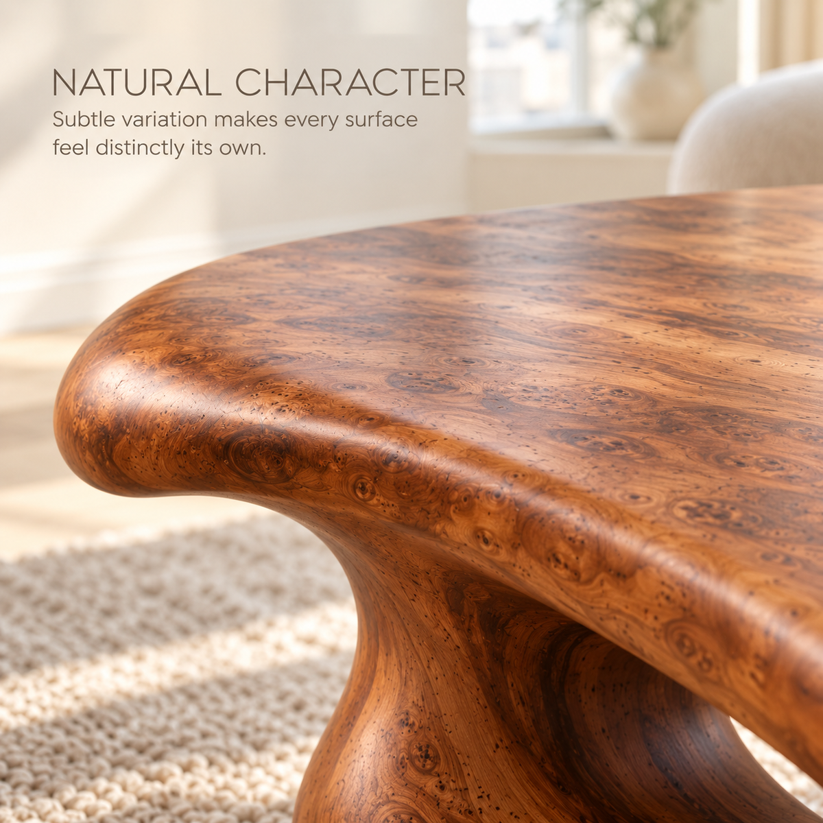 Aurelle Sculptural Solid Wood Coffee Table - Design 336 - product detail and styling view 4