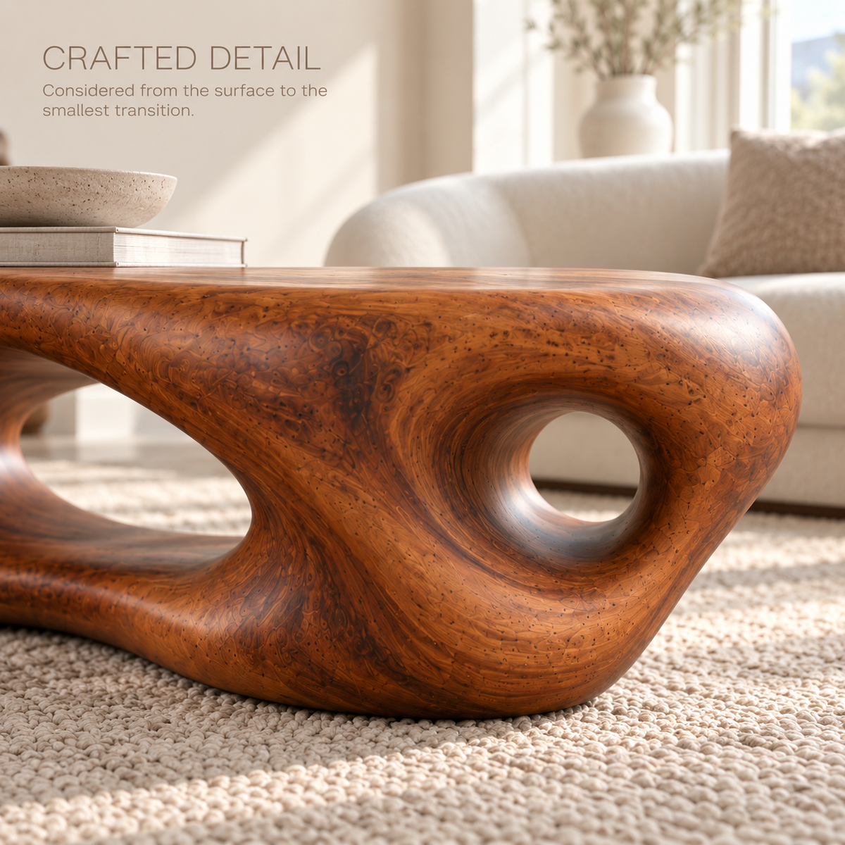 Aurelle Sculptural Solid Wood Coffee Table - Design 336 - product detail and styling view 5