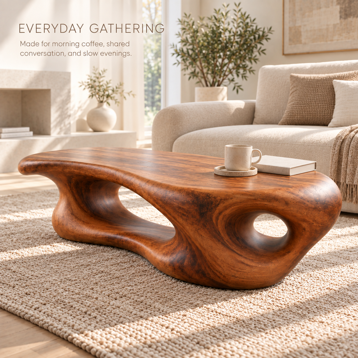 Aurelle Sculptural Solid Wood Coffee Table - Design 336 - product detail and styling view 6