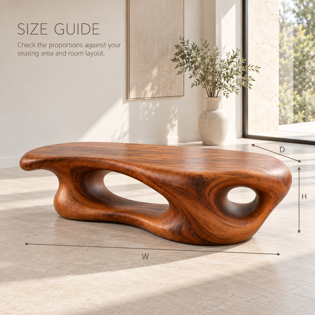 Aurelle Sculptural Solid Wood Coffee Table - Design 336 - product detail and styling view 7