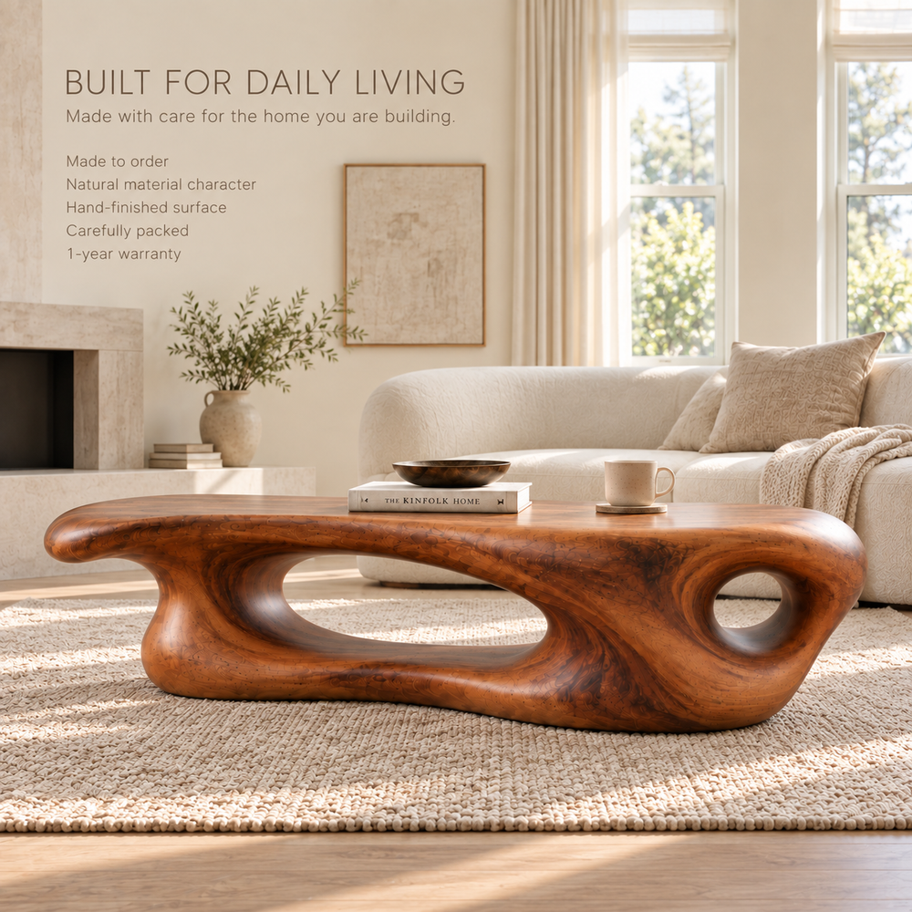 Aurelle Sculptural Solid Wood Coffee Table - Design 336 - product detail and styling view 8