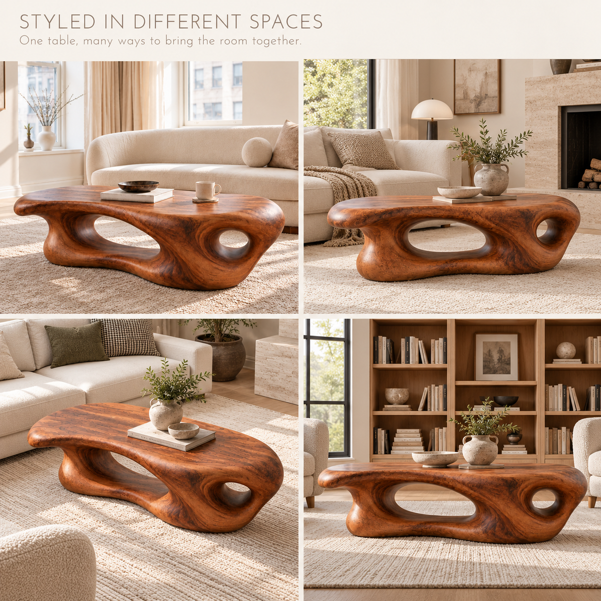 Aurelle Sculptural Solid Wood Coffee Table - Design 336 - product detail and styling view 9