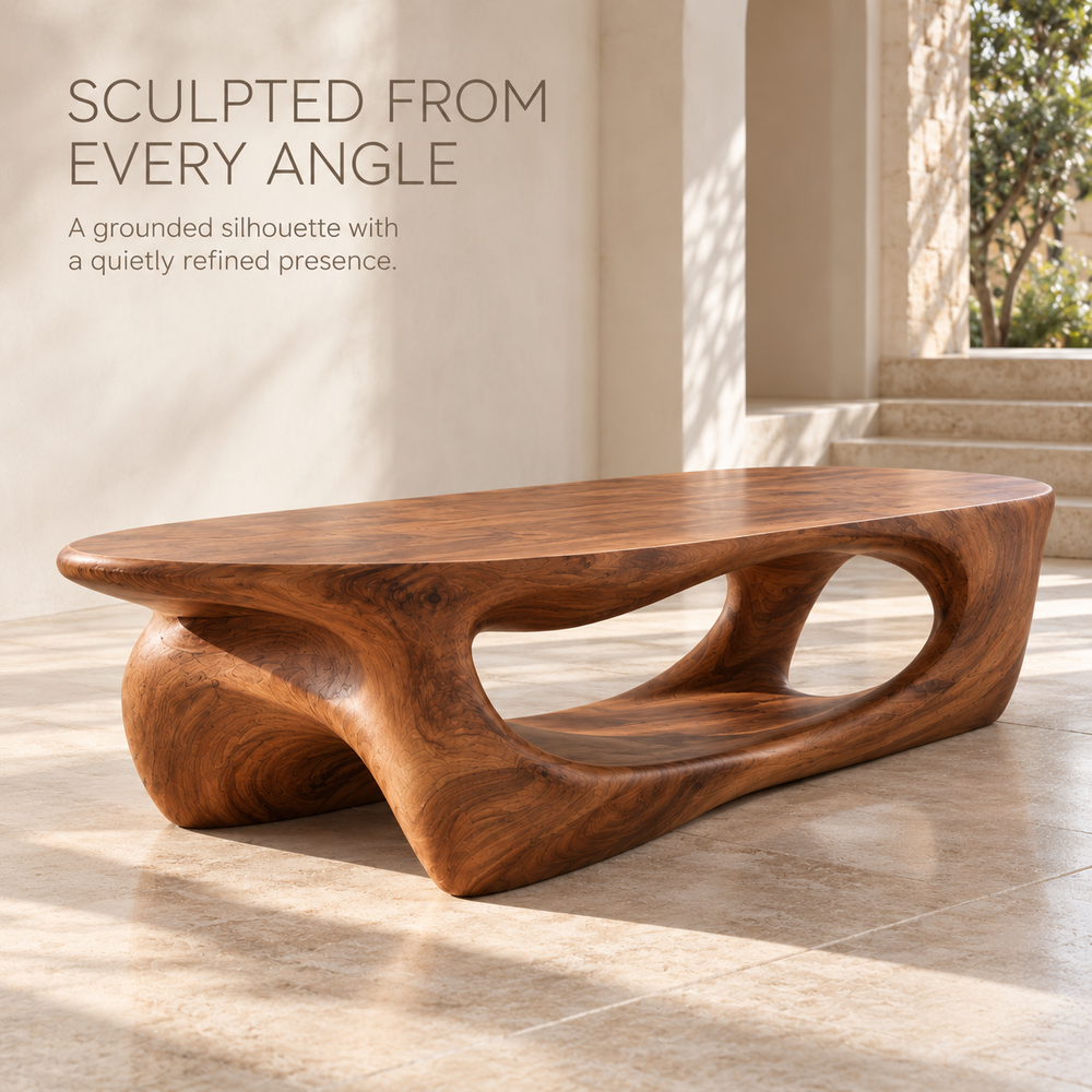 Arden Sculptural Solid Wood Coffee Table - Design 337 - product detail and styling view 2
