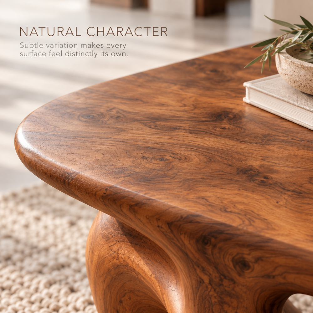 Arden Sculptural Solid Wood Coffee Table - Design 337 - product detail and styling view 4