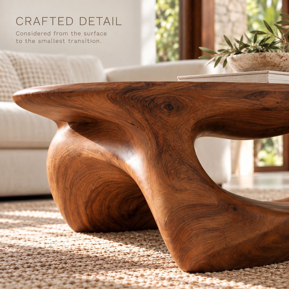 Arden Sculptural Solid Wood Coffee Table - Design 337 - product detail and styling view 5