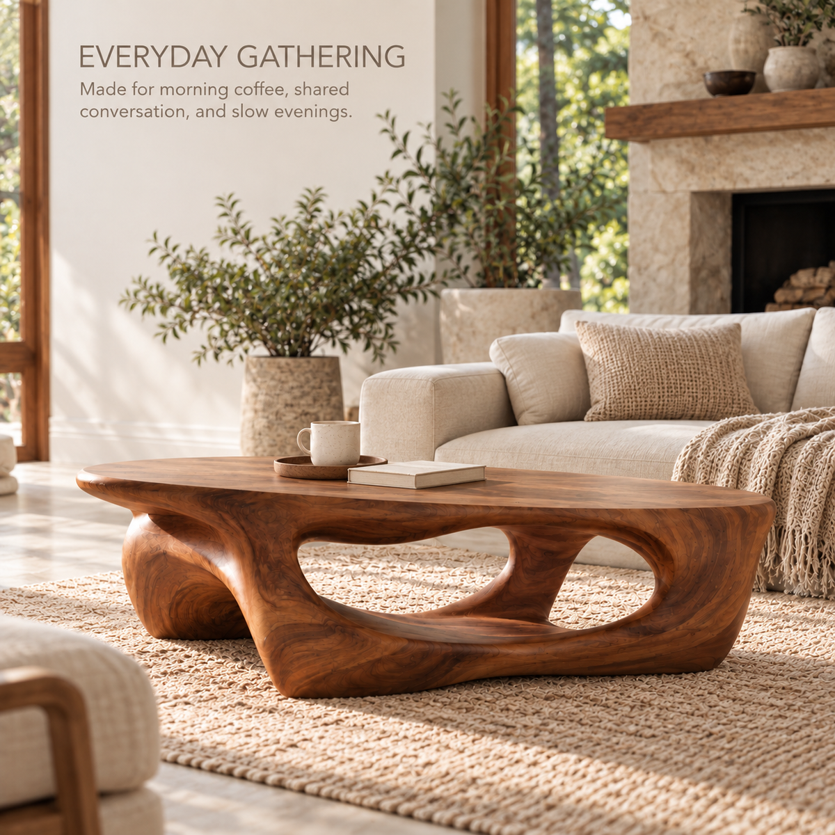 Arden Sculptural Solid Wood Coffee Table - Design 337 - product detail and styling view 6