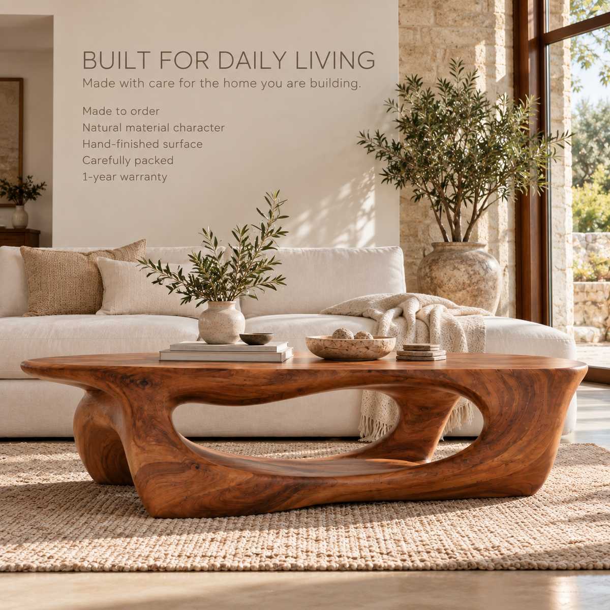 Arden Sculptural Solid Wood Coffee Table - Design 337 - product detail and styling view 8
