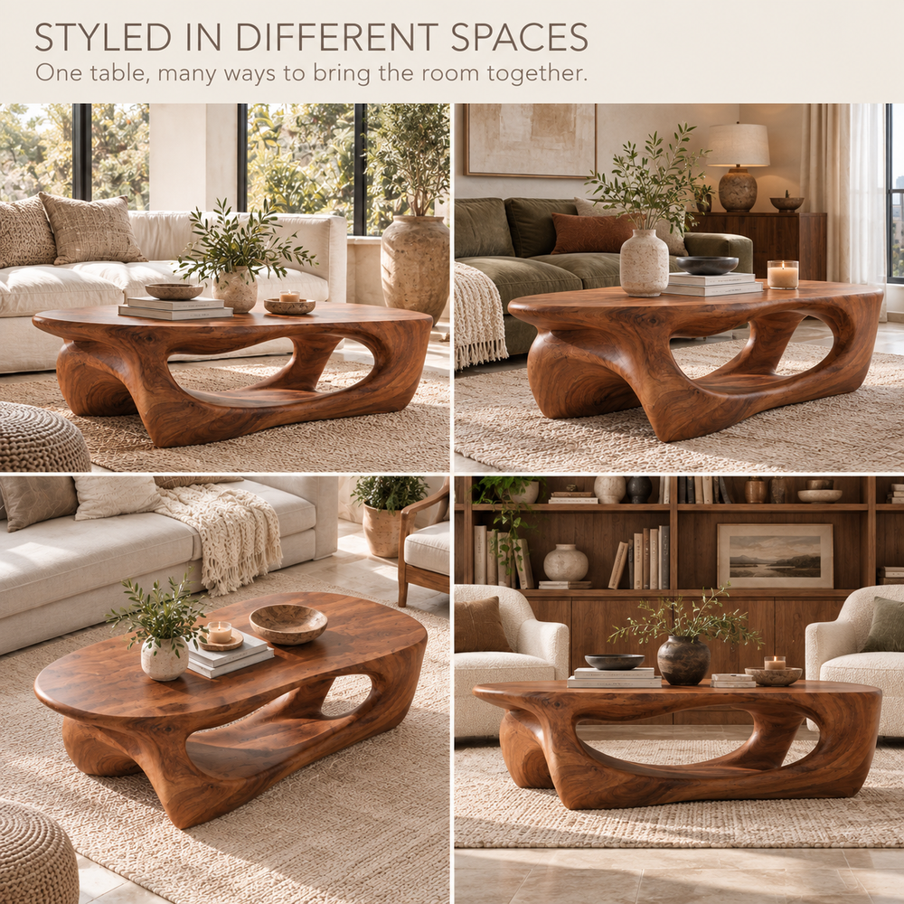 Arden Sculptural Solid Wood Coffee Table - Design 337 - product detail and styling view 9