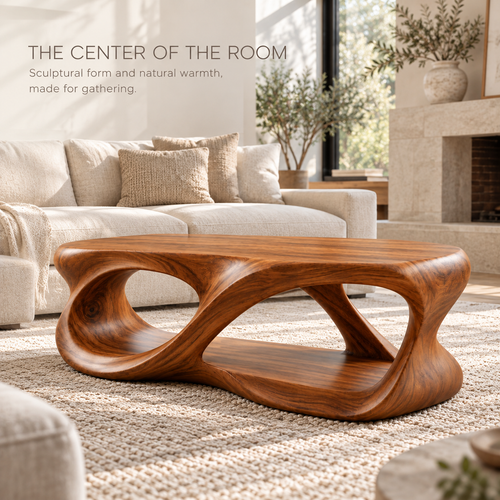 Calista Sculptural Solid Wood Coffee Table - Design 338 - main lifestyle view