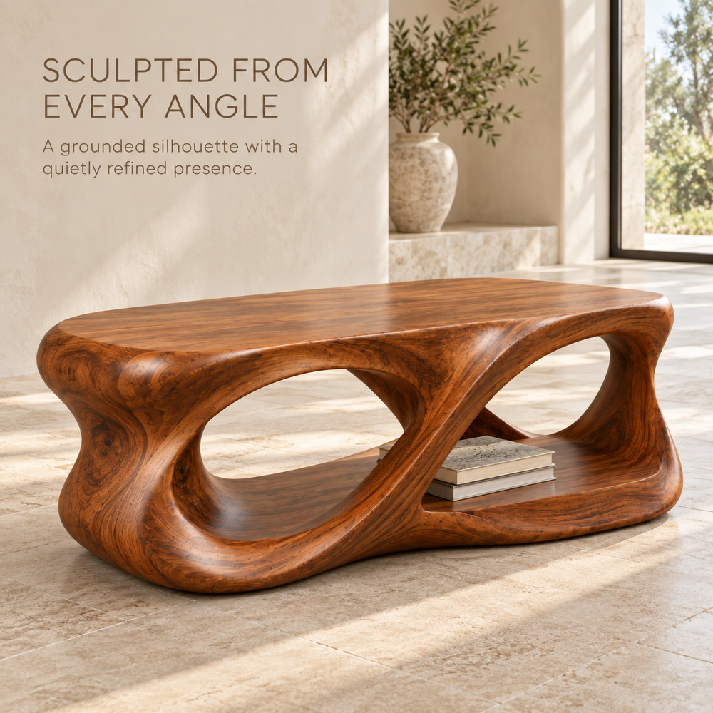 Calista Sculptural Solid Wood Coffee Table - Design 338 - product detail and styling view 2