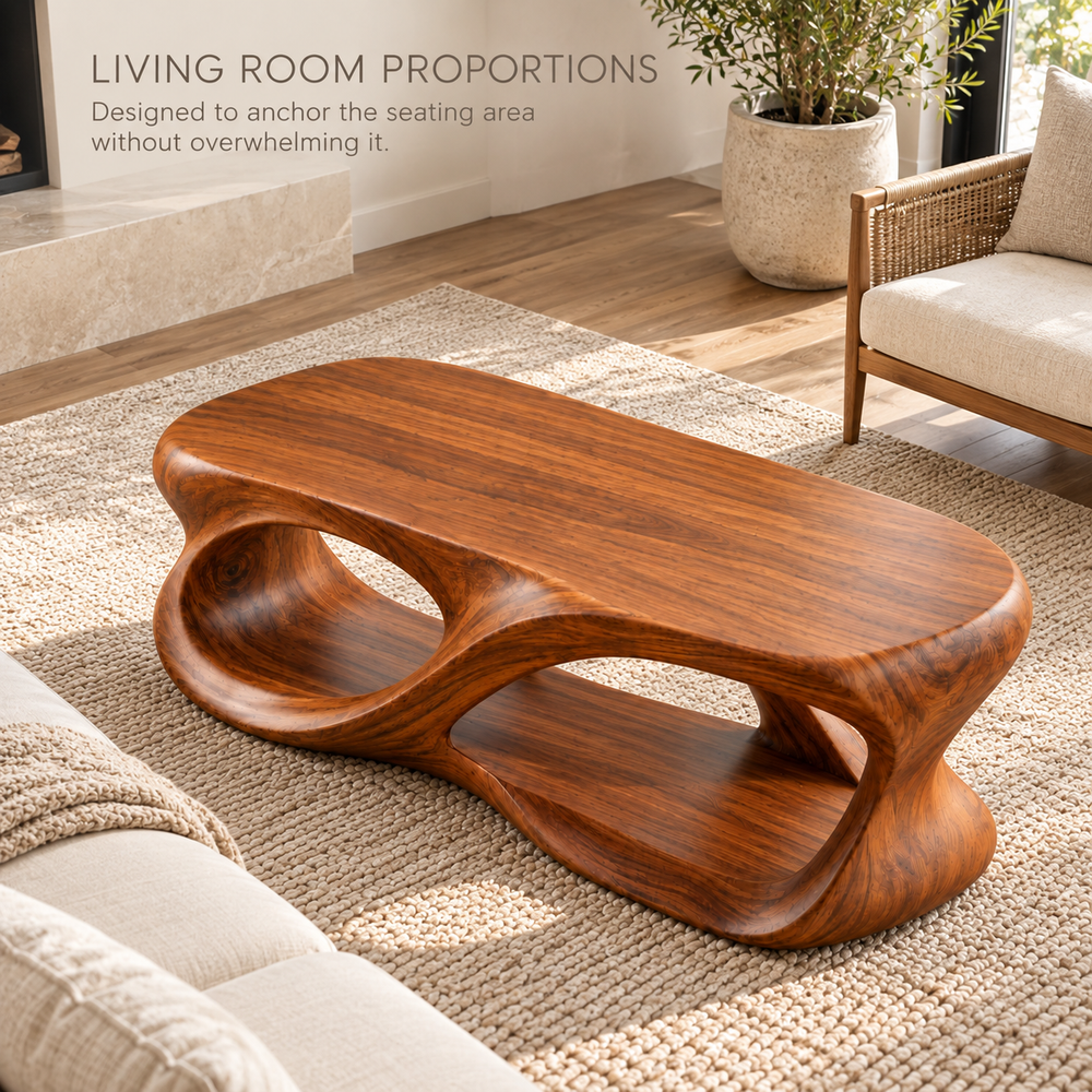 Calista Sculptural Solid Wood Coffee Table - Design 338 - product detail and styling view 3