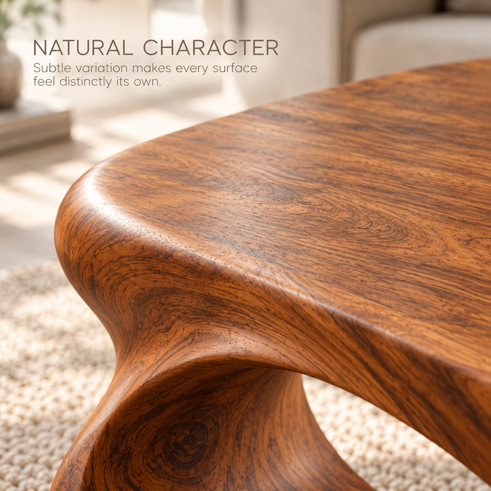 Calista Sculptural Solid Wood Coffee Table - Design 338 - product detail and styling view 4