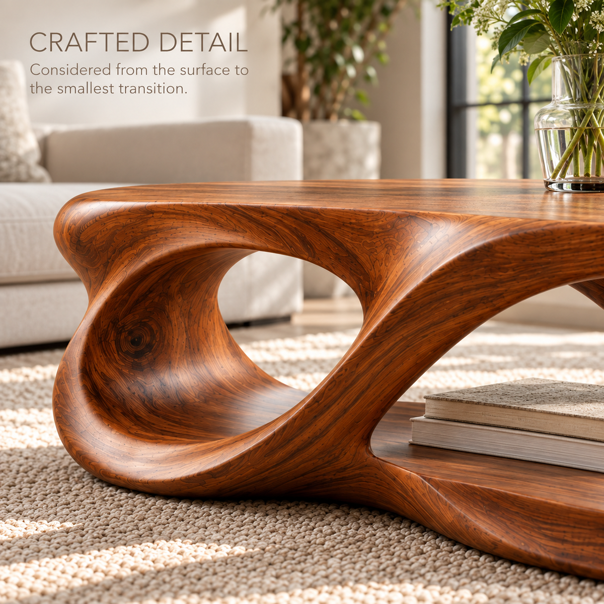 Calista Sculptural Solid Wood Coffee Table - Design 338 - product detail and styling view 5