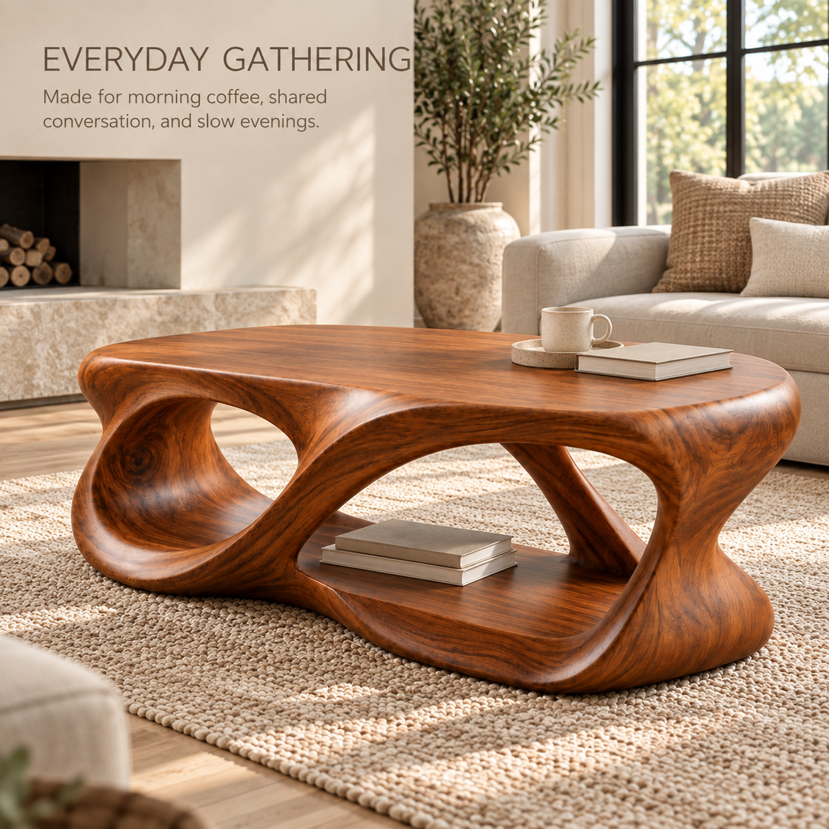Calista Sculptural Solid Wood Coffee Table - Design 338 - product detail and styling view 6