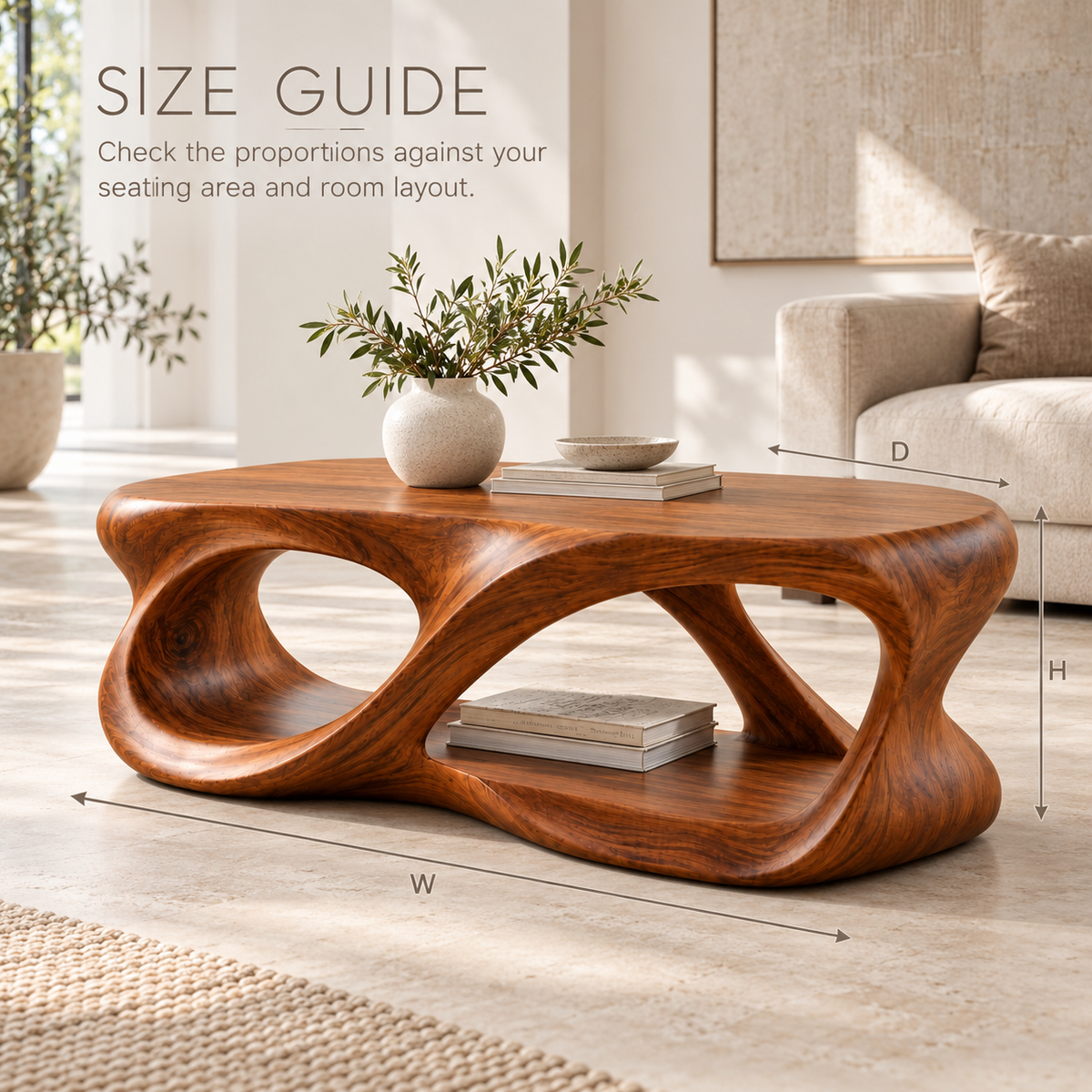 Calista Sculptural Solid Wood Coffee Table - Design 338 - product detail and styling view 7