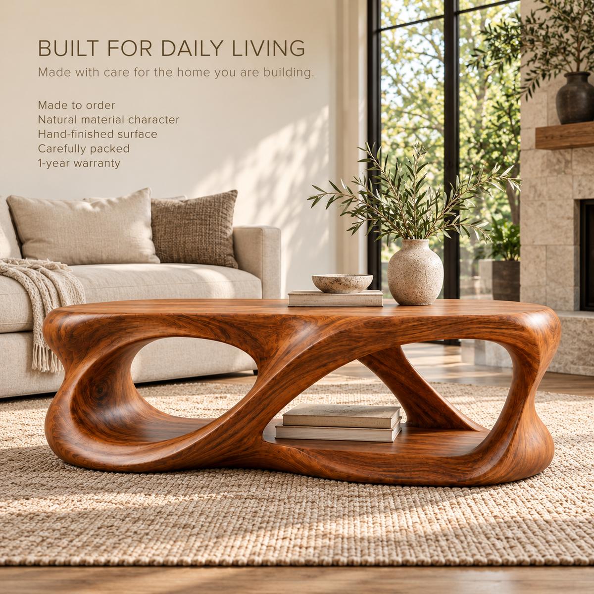 Calista Sculptural Solid Wood Coffee Table - Design 338 - product detail and styling view 8