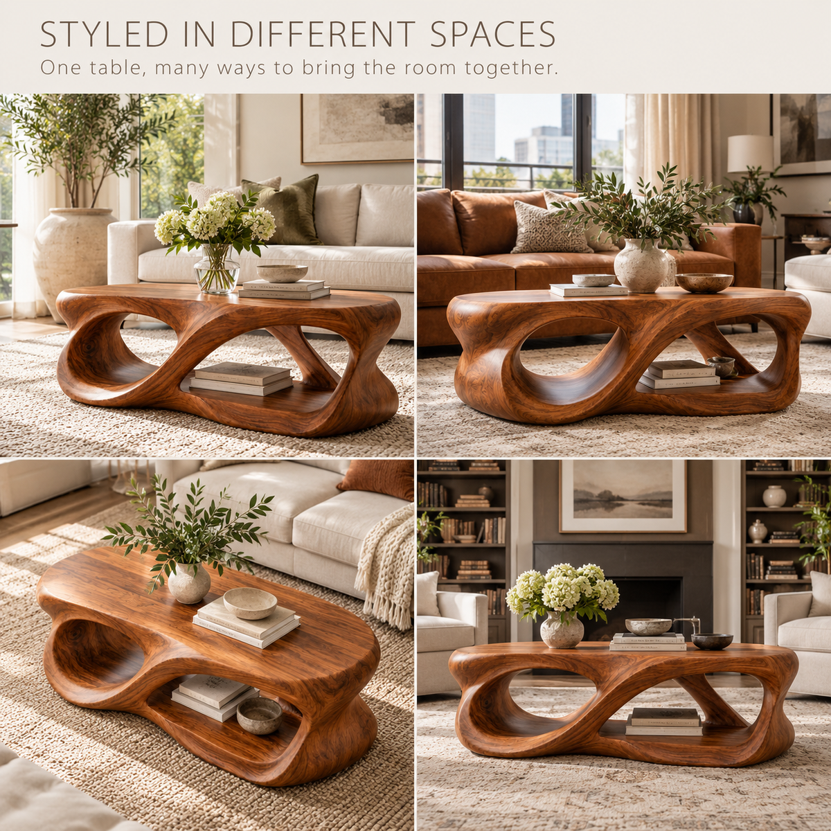 Calista Sculptural Solid Wood Coffee Table - Design 338 - product detail and styling view 9