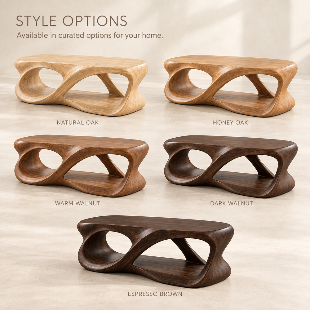 Calista Sculptural Solid Wood Coffee Table - Design 338 - product detail and styling view 10
