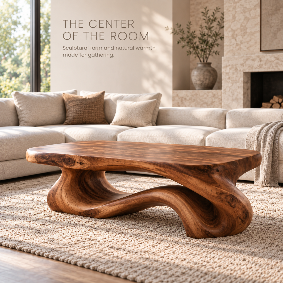 Rowan Sculptural Solid Wood Coffee Table - Design 339 - main lifestyle view