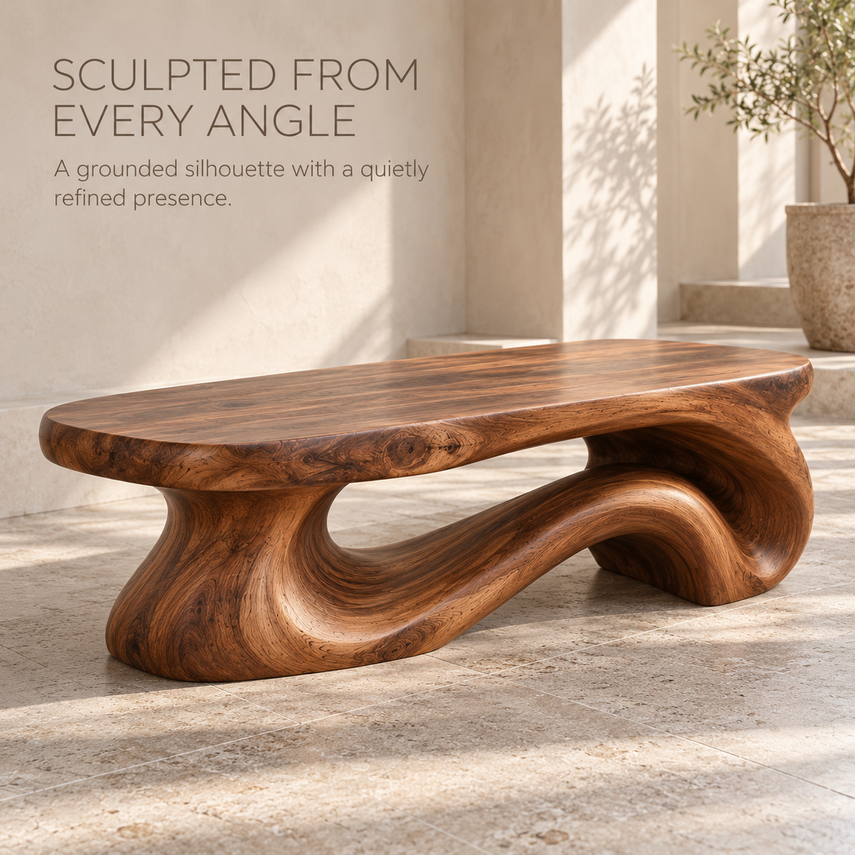 Rowan Sculptural Solid Wood Coffee Table - Design 339 - product detail and styling view 2