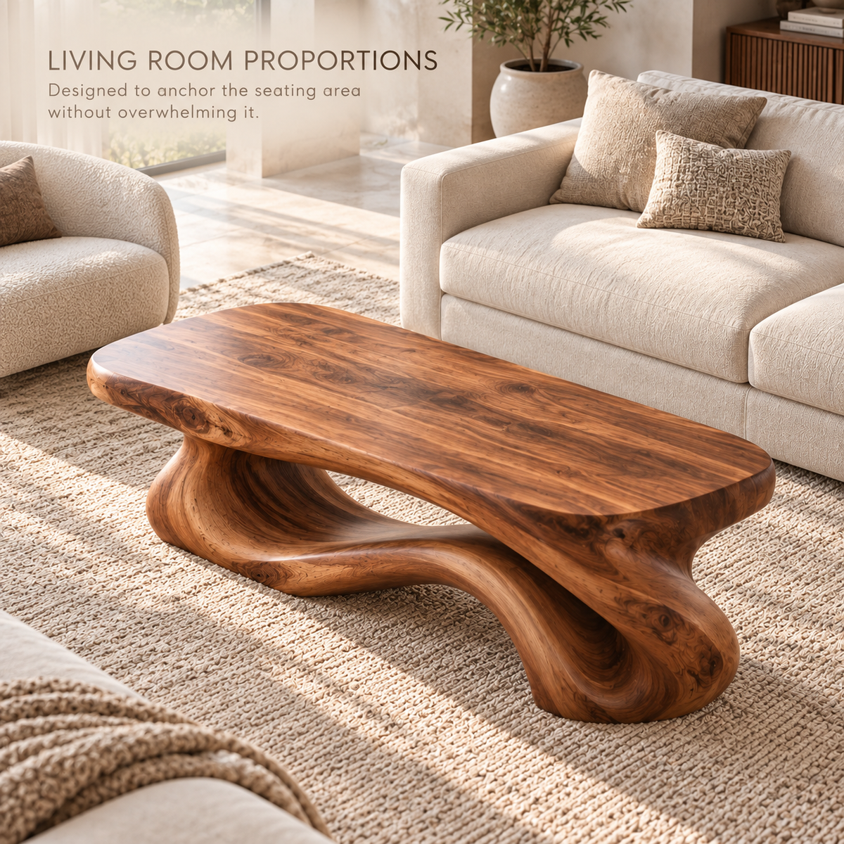 Rowan Sculptural Solid Wood Coffee Table - Design 339 - product detail and styling view 3