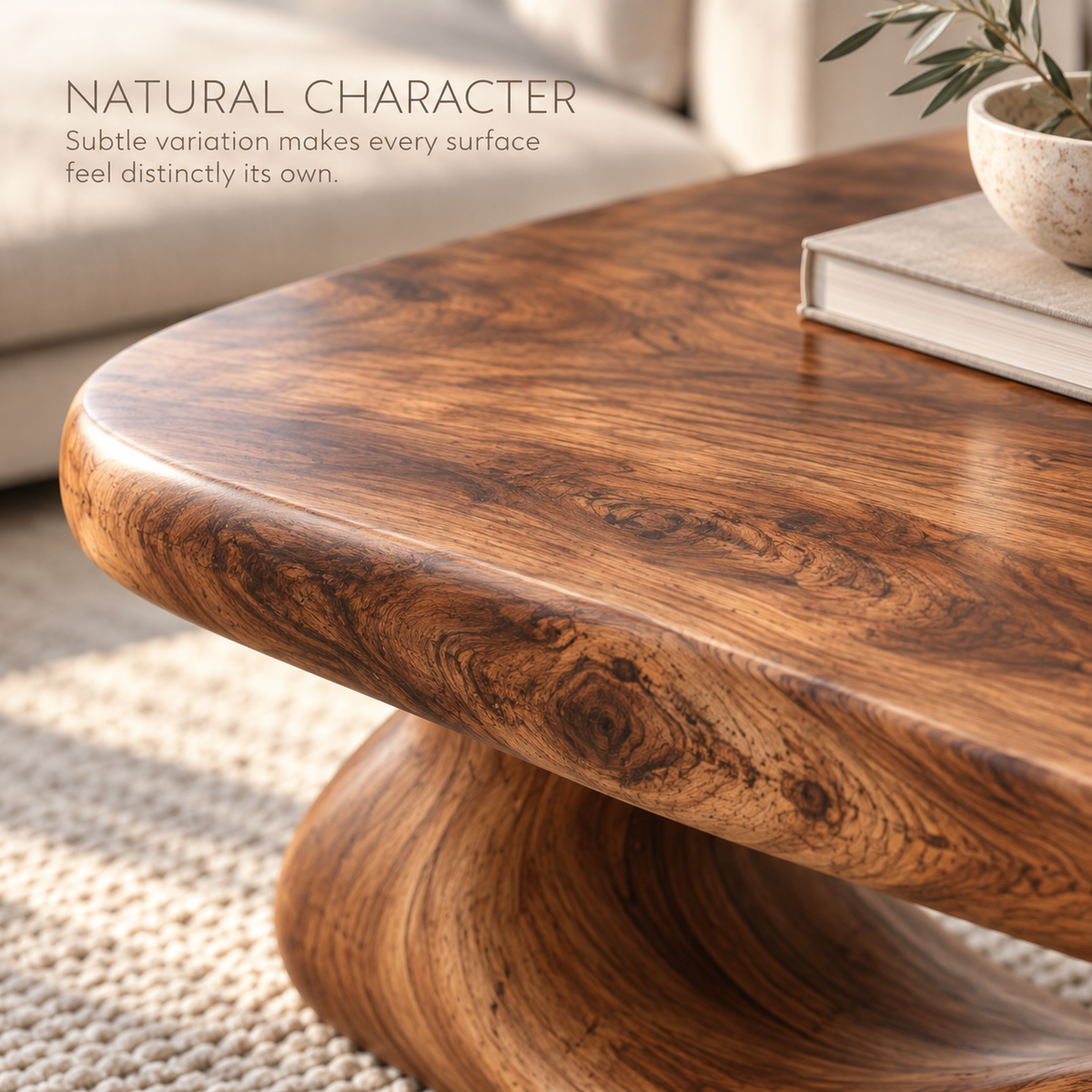 Rowan Sculptural Solid Wood Coffee Table - Design 339 - product detail and styling view 4