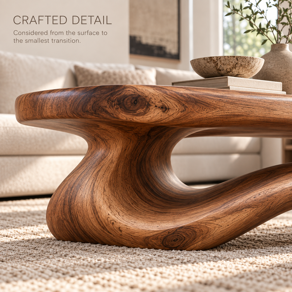 Rowan Sculptural Solid Wood Coffee Table - Design 339 - product detail and styling view 5