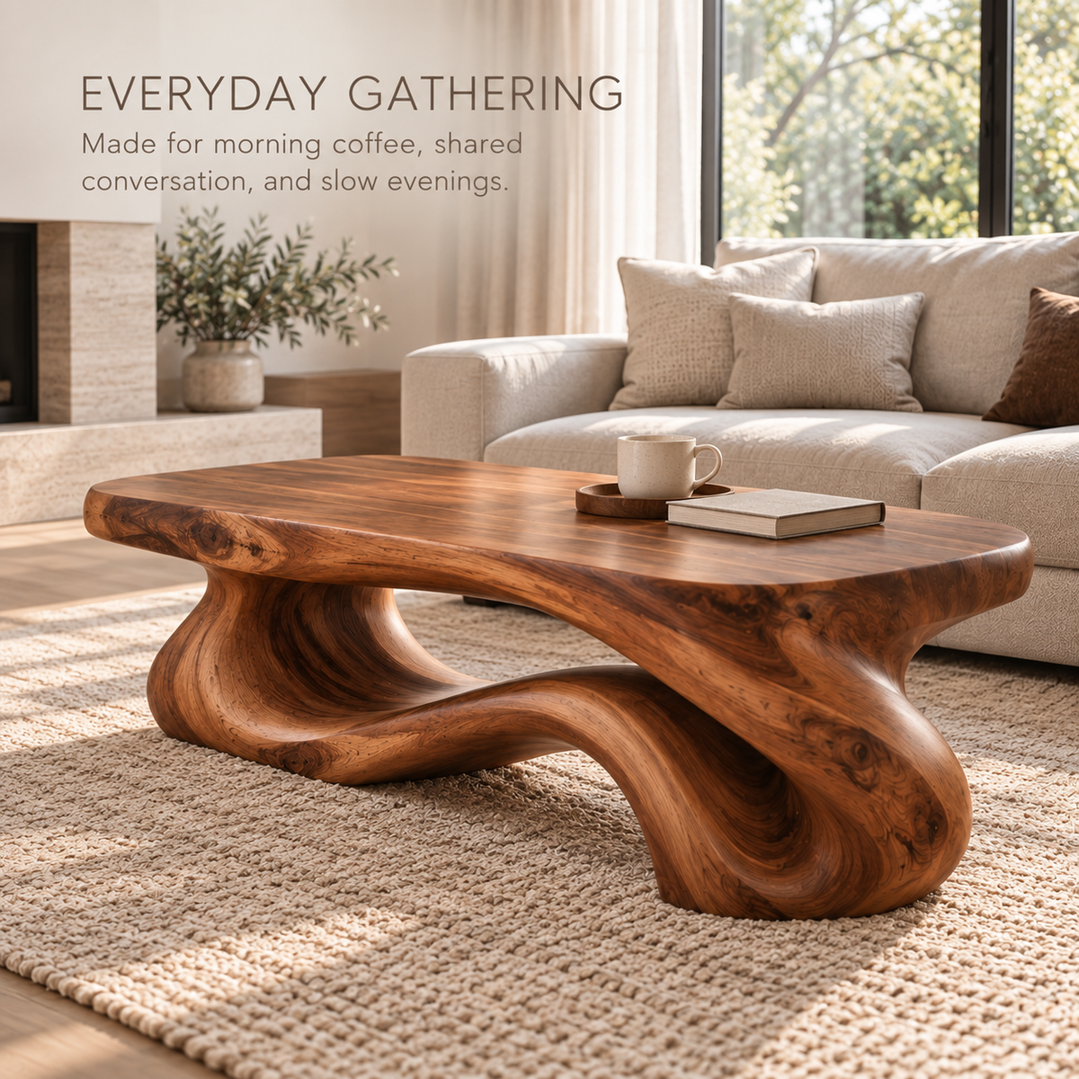 Rowan Sculptural Solid Wood Coffee Table - Design 339 - product detail and styling view 6