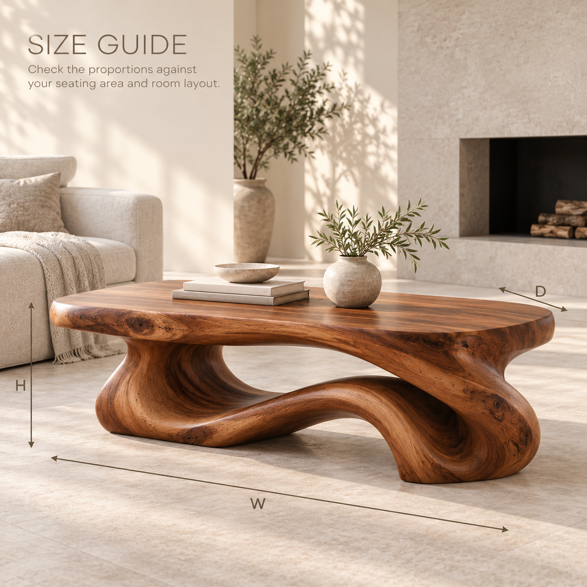 Rowan Sculptural Solid Wood Coffee Table - Design 339 - product detail and styling view 7
