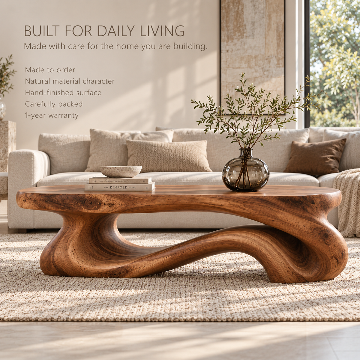 Rowan Sculptural Solid Wood Coffee Table - Design 339 - product detail and styling view 8