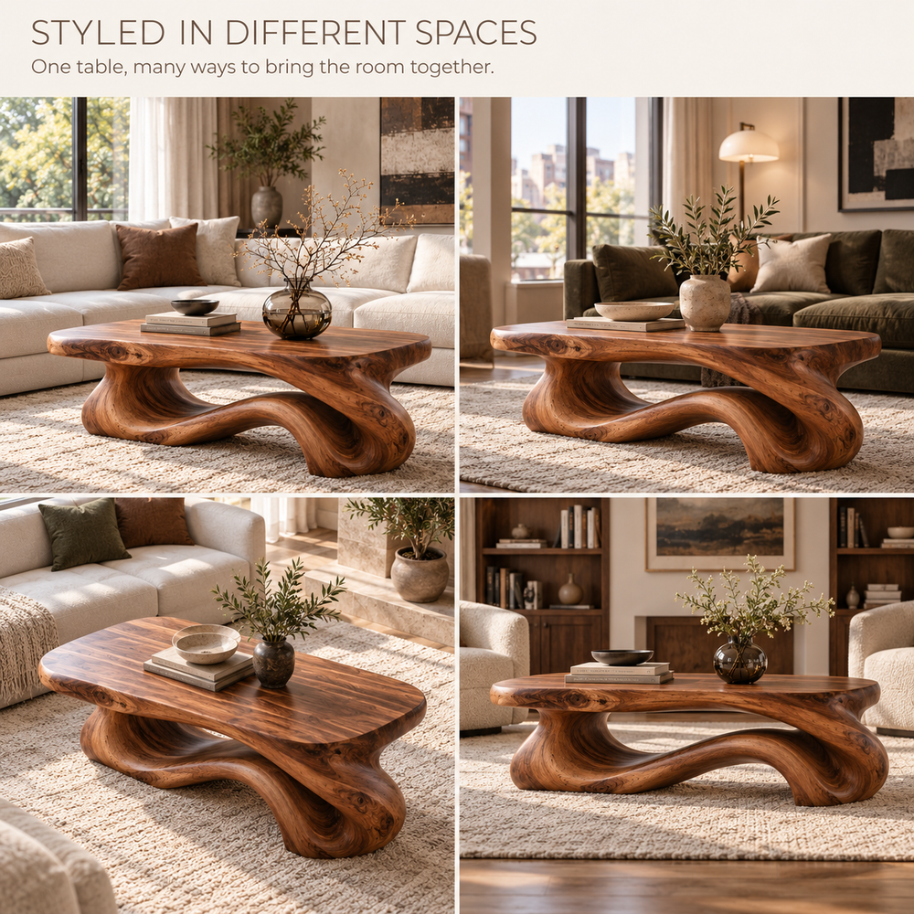 Rowan Sculptural Solid Wood Coffee Table - Design 339 - product detail and styling view 9
