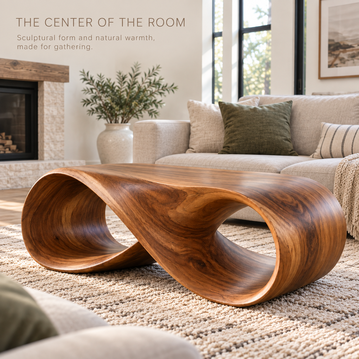 Elara Sculptural Solid Wood Coffee Table - Design 340 - main lifestyle view