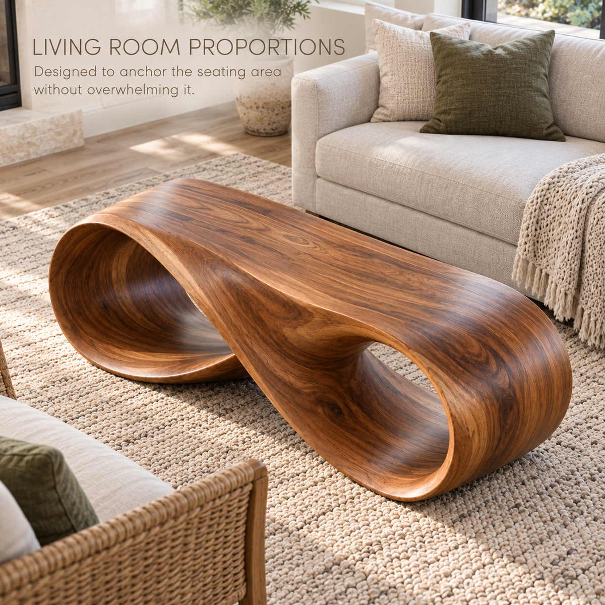 Elara Sculptural Solid Wood Coffee Table - Design 340 - product detail and styling view 3