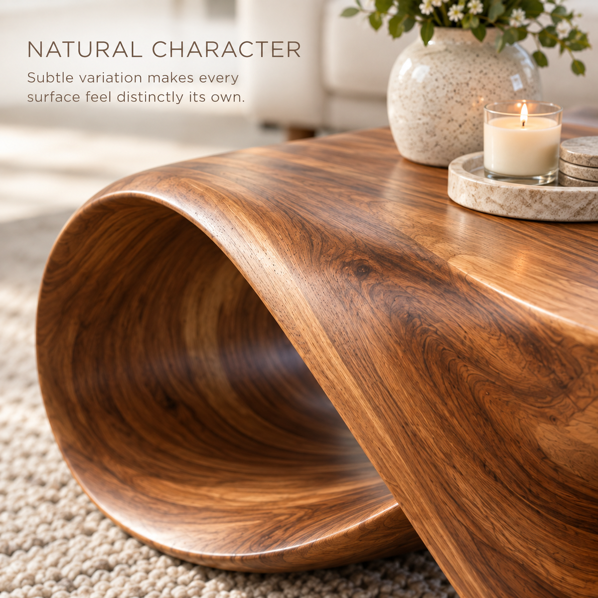 Elara Sculptural Solid Wood Coffee Table - Design 340 - product detail and styling view 4