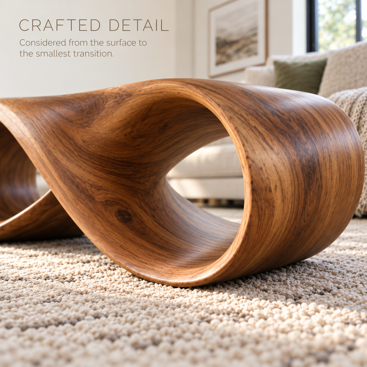 Elara Sculptural Solid Wood Coffee Table - Design 340 - product detail and styling view 5