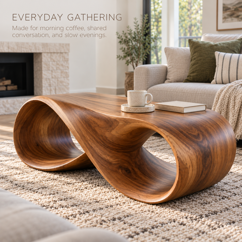 Elara Sculptural Solid Wood Coffee Table - Design 340 - product detail and styling view 6