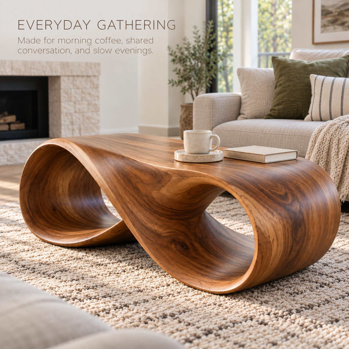 Elara Sculptural Solid Wood Coffee Table - Design 340 - product detail and styling view 6